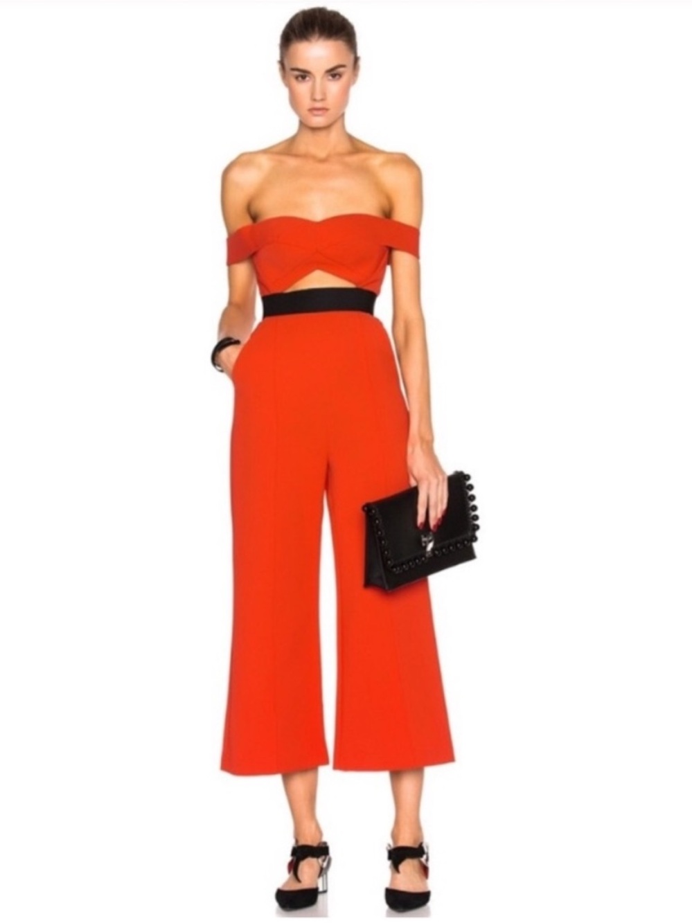 Self-Portrait Red Off-Shoulder Cutout Wide-Leg Jumpsuit — UK 8 / US 4